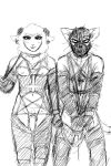 anthro armwear bdsm black_and_white blush bulge caprine cat clothing collar corrupted corset duo feline girly hladilnik horn leash leather legwear lingerie lipstick makeup male mammal monochrome muzzle_(object) muzzled penis pentagram pubes sheep spiked_collar spikes submissive_male 