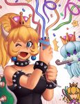  3girls ;d ayyk92 blonde_hair blue_eyes bowsette bracelet celebration collar commentary confetti congratulations crown earrings fang highres horns jewelry jitome long_hair luigi's_mansion mario_(series) multiple_girls new_super_mario_bros._u_deluxe nintendo one_eye_closed open_mouth party_popper party_whistle princess_dress princess_king_boo princess_peach smile spiked_armlet spiked_bracelet spiked_collar spiked_shell spikes super_crown triangle_mouth white_skin 
