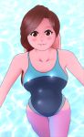  2018 anthro biped blush breasts buffbumblebee_(artist) clothed clothing digital_drawing_(artwork) digital_media_(artwork) eyebrows eyelashes female front_view fur hair hi_res lagomorph looking_at_viewer lop_eared_bunny makeup mammal one-piece_swimsuit partially_submerged pink_fur rabbit red_eyes smile solo standing swimsuit tight_clothing water 