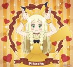  :3 akika_821 arms_up blonde_hair blush_stickers braid closed_mouth commentary_request dress gen_1_pokemon green_eyes heart lillie_(pokemon) long_hair pikachu pikachu_ears pikachu_tail pokemon pokemon_(game) pokemon_ears pokemon_sm short_sleeves solo tail twin_braids twitter_username yellow_dress 