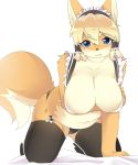  2018 all_fours big_breasts black_nose blonde_hair blue_eyes breasts canine clothing countershading faeki female fox front_view fur hair headdress holding_breast legwear looking_at_viewer maid_uniform mammal nipple_bulge orange_fur simple_background solo stockings uniform white_background 