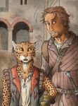  0laffson 2017 anthro brown_eyes brown_hair cheetah clothed clothing day detailed_background duo feline fur hair male mammal orange_eyes outside smile spots spotted_fur tan_fur tan_nose traditional_media_(artwork) 