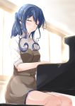  blue_hair blurry closed_eyes commentary_request depth_of_field gotland_(kantai_collection) hair_between_eyes instrument kantai_collection long_hair mikage_takashi mole mole_under_eye music piano playing_instrument playing_piano ponytail seiyuu_connection sitting smile solo takao_kanon 