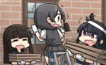  black_hair brown_hair closed_eyes commentary dated eyebrows_visible_through_hair flying_sweatdrops gloves green_sailor_collar grey_skirt grey_vest hair_ornament hairclip hammer hamu_koutarou hatsuyuki_(kantai_collection) highres hime_cut holding holding_hammer kantai_collection kuroshio_(kantai_collection) long_hair motion_lines multiple_girls open_mouth pleated_skirt red_eyes sailor_collar shaded_face shirt short_hair short_sleeves skirt tears vest white_gloves white_shirt yamashiro_(kantai_collection) yawning yellow_eyes 