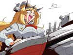  90s blonde_hair blue_eyes breasts choroli_(chorolin) flower headgear kantai_collection large_breasts long_hair long_sleeves machinery military military_uniform nelson_(kantai_collection) open_mouth parody red_flower red_rose rose signature simple_background solo style_parody uniform upper_body white_background 