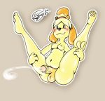  animal_crossing anthro balls belly breasts canine cum dickgirl dog intersex isabelle_(animal_crossing) mammal nintendo paws penis pornography slightly_chubby solo v_sign video_games xneostarx 
