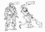  0laffson 2017 4_toes anthro armor cat duo feline female holding_object holding_weapon human male mammal sketch toes traditional_media_(artwork) weapon 
