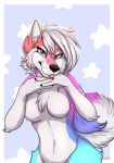  2018 anthro bedroom_eyes black_nose breasts canine chest_tuft claws eyebrows eyelashes featureless_breasts female finger_claws flirting fur hair half-closed_eyes looking_at_viewer mammal multicolored_eyes multicolored_fur multicolored_tail navel nude seductive signature smile solo star tongue tongue_out tuft yoko_darkpaw 