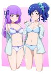  acchi_(koiyimknp) aikatsu! aikatsu!_(series) arms_behind_back bangs bare_shoulders blue_bra blue_eyes blue_hair blue_panties blue_ribbon blue_shirt blunt_bangs blush bra breasts cleavage closed_mouth collarbone cropped_legs eyebrows_visible_through_hair frilled_bra frills hair_ornament hair_ribbon hair_scrunchie hand_on_own_chest hands_up heart highres hikami_sumire kiriya_aoi long_hair long_sleeves looking_at_viewer medium_breasts multiple_girls navel off_shoulder open_clothes open_shirt panties parted_lips pink_background purple_eyes purple_hair ribbon ribbon_bra ribbon_panties scrunchie shirt sidelocks simple_background sleeves_past_wrists smile stomach straight_hair striped striped_bra striped_panties sweat swept_bangs thighs underwear white_bra 