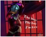  2018 anthro armwear avian beak bird choker clothed clothing dark_hair detailed_background disney dress duck ducktales elbow_gloves english_text feathers female fernando_faria garter_straps gloves hair half-closed_eyes hands_behind_head legwear looking_at_viewer magica_de_spell short_dress short_hair solo standing tail_feathers text thigh_highs white_feathers 