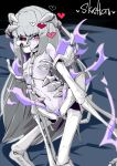  1girl bones breasts female grey_hair heart long_hair mask monster_girl original red_eyes skeleton skull small_breasts solo tomatojam 