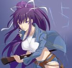  blue_jacket blue_pants collarbone floating_hair grey_background hair_between_eyes hair_ribbon high_ponytail holding holding_sheath jack-barro jacket kanzaki_kaori left-handed long_hair long_sleeves midriff navel open_clothes open_jacket pants purple_eyes purple_hair ribbon sheath shiny shiny_hair simple_background solo stance stomach to_aru_majutsu_no_index torn_clothes torn_pants unsheathing very_long_hair white_ribbon white_tank_top 