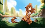  16:10 2018 amber_eyes anthro breasts brown_hair casual_nudity chest_tuft detailed_background featureless_breasts feline female flora_(twokinds) fur grass hair hi_res keidran mammal multicolored_fur nude orange_fur outside plant pond sitting sky small_breasts smile solo striped_fur stripes tiger tom_fischbach tuft twokinds water waterfall webcomic white_fur 