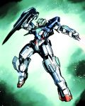  full_body glowing green_eyes gundam gundam_00 gundam_exia highres ishiyumi mecha shield solo space sword weapon 