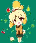  :3 animal_crossing apple barefoot bell blonde_hair blush blush_stickers brown_eyes canine cherry chibi clothing dog eyebrows_visible_through_hair female food fruit full_body fur green_background hair hands_together happy isabelle_(animal_crossing) jacket japanese_text jingle_bell leaf legs_together looking_at_viewer mammal miniskirt nintendo open_mouth peach_(fruit) pear ribbons sekihan shih_tzu short_hair simple_background skirt smile solo standing teeth text tied_hair topknot translation_request video_games yellow_fur 