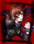  black_clothes brown_hair cropped_torso floating_hair grey_scarf holding holding_weapon kuga_hotaru looking_at_viewer niijima_makoto open_mouth persona persona_5 red_background red_eyes scarf short_hair solo upper_body weapon 