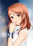  against_wall bangs blush bracelet brown_eyes commentary_request diesel-turbo dress eyebrows_visible_through_hair from_side fuchigami_mai hand_on_own_face hand_up houjou_karen idolmaster idolmaster_cinderella_girls jewelry long_hair looking_at_viewer looking_to_the_side orange_hair parted_lips photo-referenced pink_lips pom_pom_(clothes) reflection sleeveless sleeveless_dress sleeveless_turtleneck solo swept_bangs turtleneck turtleneck_dress upper_body white_dress 