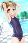  absurdres arms_up blue_sky blue_swimsuit blurry blurry_background blush breasts brown_hair chain-link_fence covered_navel cowboy_shot day depth_of_field fence flat_chest highres kntrs_(knyrs) looking_at_viewer one-piece_swimsuit open_mouth outdoors ponytail pool poolside red_eyes school_swimsuit shiny shiny_clothes shiny_hair shiny_skin short_hair silica sky smile solo standing swimsuit sword_art_online wet wet_clothes 
