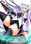  absurdres agetama black_legwear bonnet breasts chaika_trabant earrings gun highres hitsugi_no_chaika holding holding_gun holding_weapon jewelry long_hair looking_at_viewer open_mouth purple_eyes sitting solo teeth thick_eyebrows thighhighs tongue weapon white_hair 