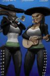  2018 alien alien_(franchise) alien_girl alien_vs_predator alternate_version_at_source belly big_breasts black_skin black_tail breast_squish breasts claws cleavage clothed clothing dangerous digital_media_(artwork) duo enjoying eye_contact eyeless fangs female guitar hat holding_(disambiguation) humanoid jacket larger_female lips looking_at_viewer mariachi monster muscular music musical_instrument musician nails nihilophant not_furry pants playing_music predator predator_(franchise) pressing_boobs raised_tail sharp_teeth shiny shirt size_difference smile standing tall teeth text thick_thighs tight_clothing trumpet tubes voluptuous wide_hips xenomorph yautja 