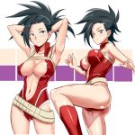  areola_slip areolae ass bare_shoulders belt black_hair blue_eyes boku_no_hero_academia breasts center_opening cleavage closed_mouth commentary covered_nipples high_ponytail knee_up large_breasts leotard long_hair looking_at_viewer midriff multiple_views navel ontaros ponytail red_leotard shiny shiny_clothes shiny_hair shiny_skin white_background yaoyorozu_momo 