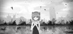  absurdres akaza_akari building closed_mouth collarbone commentary_request double_bun dress english eyebrows_visible_through_hair greyscale hands_on_own_chest highres huge_filesize looking_at_viewer monochrome nazuna_(nazuna_a2) outdoors own_hands_together purple_eyes ruins sky smile solo spot_color yuru_yuri 