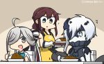  :d ahoge apron aqua_bow aqua_neckwear asashimo_(kantai_collection) black_sailor_collar bow bowtie braid brown_hair commentary curry curry_rice dated eyebrows_visible_through_hair flying_sweatdrops food gloves hair_over_one_eye hamu_koutarou highres holding holding_spoon kantai_collection long_hair multiple_girls ne-class_heavy_cruiser noshiro_(kantai_collection) open_mouth rice sailor_collar shinkaisei-kan shirt silver_hair single_braid sitting sleeveless smile spoon thumbs_up v-shaped_eyebrows white_gloves white_hair white_shirt yellow_apron 