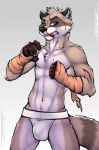  5_fingers anthro bandage blood bulge clothing jockstrap male mammal procyonid raccoon simple_background standing tsaiwolf underwear 