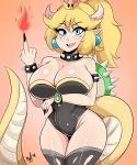  2018 5_fingers animal_humanoid armband big_breasts blonde_hair blue_eyes blush bmayyneart bowser bowsette_meme bracelet breasts cleavage clothed clothing collar crown ear_piercing eyelashes female fire hair hi_res horn humanoid jewelry koopa legs_together legwear long_hair magic magic_user mario_bros middle_finger nintendo open_mouth piercing scalie sharp_teeth small_waist smile solo spiked_bracelet spiked_collar spikes standing super_crown swimsuit teeth thigh_highs video_games 