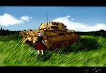  absurdres blue_eyes caterpillar_tracks cloud commentary_request day emblem girls_und_panzer grass grey_hair ground_vehicle highres holding itsumi_erika kuromorimine_(emblem) kuromorimine_military_uniform long_hair military military_vehicle motor_vehicle nm_(591795475) skirt sky tank tiger_ii tree 