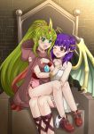  blush bracelet chiki cloak commission dragon_wings dress fire_emblem fire_emblem:_monshou_no_nazo fire_emblem:_seima_no_kouseki fire_emblem_heroes green_eyes green_hair highres hood hood_down jewelry long_hair mamkute multi-tied_hair multiple_girls myrrh one_eye_closed open_mouth panties panties_around_one_leg pointy_ears ponytail purple_hair red_eyes sitting stone the-sinner tiara twintails underwear white_dress wings wristband yuri 