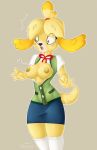 animal_crossing blonde_hair blush blush_stickers breasts brown_eyes button_(disambiguation) canine claws clothed clothing dated detruo dog eyebrows_visible_through_hair female fur hair isabelle_(animal_crossing) legwear mammal nintendo nipples open_mouth open_shirt ribbons shih_tzu shirt short_hair simple_background skirt solo standing surprise tan_background thigh_highs tied_hair topknot vest video_games wardrobe_malfunction watermark yellow_fur 