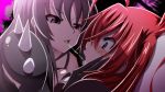  2girls after_kiss black_hair blue_eyes blush breast_press eye_contact gloves high_school_dxd highres looking_at_another multiple_girls raynare red_hair rias_gremory saliva saliva_trail spikes sweatdrop yuri 