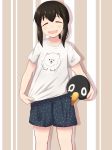  :d alternate_costume black_hair casual commentary_request contemporary failure_penguin fubuki_(kantai_collection) kantai_collection long_hair looking_at_viewer low_ponytail open_mouth shirt shorts simple_background smile solo stuffed_animal stuffed_penguin stuffed_toy t-shirt yukimi_unagi 