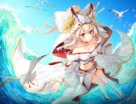  afloat ayanami_(azur_lane) azur_lane bare_shoulders bird blurry breasts choker cleavage collarbone commentary_request depth_of_field japanese_clothes kimono kiyosato0928 long_hair looking_at_viewer navel ocean off_shoulder petals ponytail red_eyes remodel_(azur_lane) seagull silver_hair solo thighhighs uchikake white_legwear zettai_ryouiki 