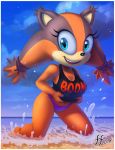  2018 anthro badger beach big_eyes big_head bikini bikini_bottom blue_eyes breasts brown_fur clothed clothing cloud crop_top detailed_background eyelashes female fernando_faria fur hairband kneeling looking_at_viewer mammal midriff multicolored_fur mustelid navel open_mouth outside sea seaside shirt sky smile solo sonic_(series) sonic_boom sticks_the_jungle_badger swimsuit tank_top teeth tied_hair two_tone_fur water 