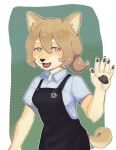  1girl apron brown_hair dog furry gamuu open_mouth short_hair solo waving 