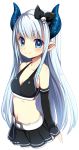  arm_warmers belt black_skirt black_tank_top blue_eyes blue_hair breasts cleavage commentary_request crop_top demon_girl hair_ornament horns kosumo long_hair midriff miniskirt navel original pointy_ears skirt skull_hair_ornament small_breasts smile solo tank_top 
