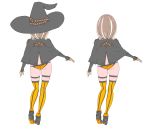  ass ass_visible_through_thighs back black brown_hair character_sheet hat high_heels highres looking_at_viewer medium_hair multiple_views nagisa_kurousagi original outstretched_arm sleeves_past_wrists smile thighhighs variations white_hair witch_hat yellow_legwear 