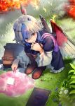  alchemy bird_wings blue_hair boots briefcase commentary_request creature dress eho_(icbm) fire flower frilled_dress frills ghast grass head_wings highres horns light_smile long_sleeves minecraft orange_eyes short_hair single_head_wing slime squatting tokiko_(touhou) touhou vial white_hair wide_sleeves wings 