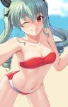  absurdres anchovy ass beach bikini blush breasts day drill_hair girls_und_panzer green_hair groin hair_ornament hair_ribbon highres looking_at_viewer medium_breasts navel ocean one_eye_closed red_bikini red_eyes ribbon sky smile solo swimsuit twintails yokuu 