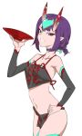  bad_id bad_twitter_id bangs bare_shoulders breasts cirnocchi collarbone commentary cup detached_sleeves dudou eyeliner fate/grand_order fate_(series) forehead_jewel fundoshi hand_on_hip headpiece highres hips horns japanese_clothes low_twintails makeup navel oni oni_horns parted_lips pelvic_curtain purple_eyes purple_hair rope sakazuki short_eyebrows short_hair short_twintails shuten_douji_(fate/grand_order) shuten_douji_(halloween)_(fate) simple_background small_breasts smile solo twintails white_background 