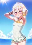  :o absurdres antenna_hair armlet armpits arms_behind_head arms_up blue_sky blush breasts casual_one-piece_swimsuit cloud commentary_request covered_navel cowboy_shot day eyes_visible_through_hair flower grey_hair hair_between_eyes hair_flower hair_ornament halterneck highres horizon jewelry kokkoro_(princess_connect!) looking_at_viewer mumistar one-piece_swimsuit open_mouth outdoors pink_flower princess_connect!_re:dive purple_eyes see-through short_hair sky small_breasts solo sun swimsuit swimsuit_skirt water water_drop wet white_flower white_swimsuit 