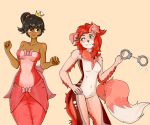  anthro breasts canine clothing crossgender dark_skin dog dress duo female fur green_eyes hair hand_on_hip handcuffs human jawbreaker_hyena mammal nervous red_fur roxy_(playfur_cinema) shackles shadikbitardik simple_background super_crown 