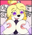  2018 animal_crossing anthro blonde_hair blush breasts canine digital_media_(artwork) dog female fur hair isabelle_(animal_crossing) lying male male/female mammal nintendo not_safe_for_reality nude on_back open_mouth penis sex shih_tzu smile solo text titfuck video_games yellow_fur 