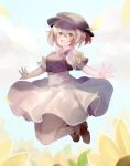  aubz bag brown_hair dress green_eyes hat jewelry jumping looking_at_viewer necklace octopath_traveler one_eye_closed open_mouth short_hair simple_background smile tressa_(octopath_traveler) 