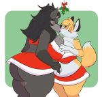  2018 anthro belly big_belly big_breasts blush bra breasts canine christmas clothing deep_navel duo female female/female fox fur grey_fur hair hand_on_stomach holidays kissing licking mammal navel navel_fetish navel_penetration navel_poke obese orange_fur overweight overweight_female panties penetration saliva simple_background slightly_chubby thick_thighs titsunekitsune tongue tongue_out underwear weight_gain white_fur wolf zera_(titsunekitsune) 