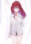  ahoge arm_behind_back ass_visible_through_thighs bangs black_panties blue_eyes blush breasts curtains eyebrows_visible_through_hair hair_between_eyes holding_arm long_hair looking_at_viewer open_collar original panties red_hair shirt simple_background solo standing takubon_(xewh4773) thigh_gap underwear white_background white_shirt wind 