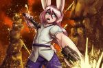  2018 angry anthro blue_eyes chris_(bunnystorm) clothed clothing digital_media_(artwork) fire fur girly gun hair lagomorph male mammal open_mouth rabbit ranged_weapon solo teeth weapon 