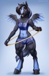  2018 3_fingers anthro black_feathers blue_feathers bra breasts clothed clothing digital_media_(artwork) equine feathered_wings feathers female heterochromia hooves mammal midriff navel pegasus simple_background smile solo sports_bra teeth track_shorts underwear wings zazush-una 